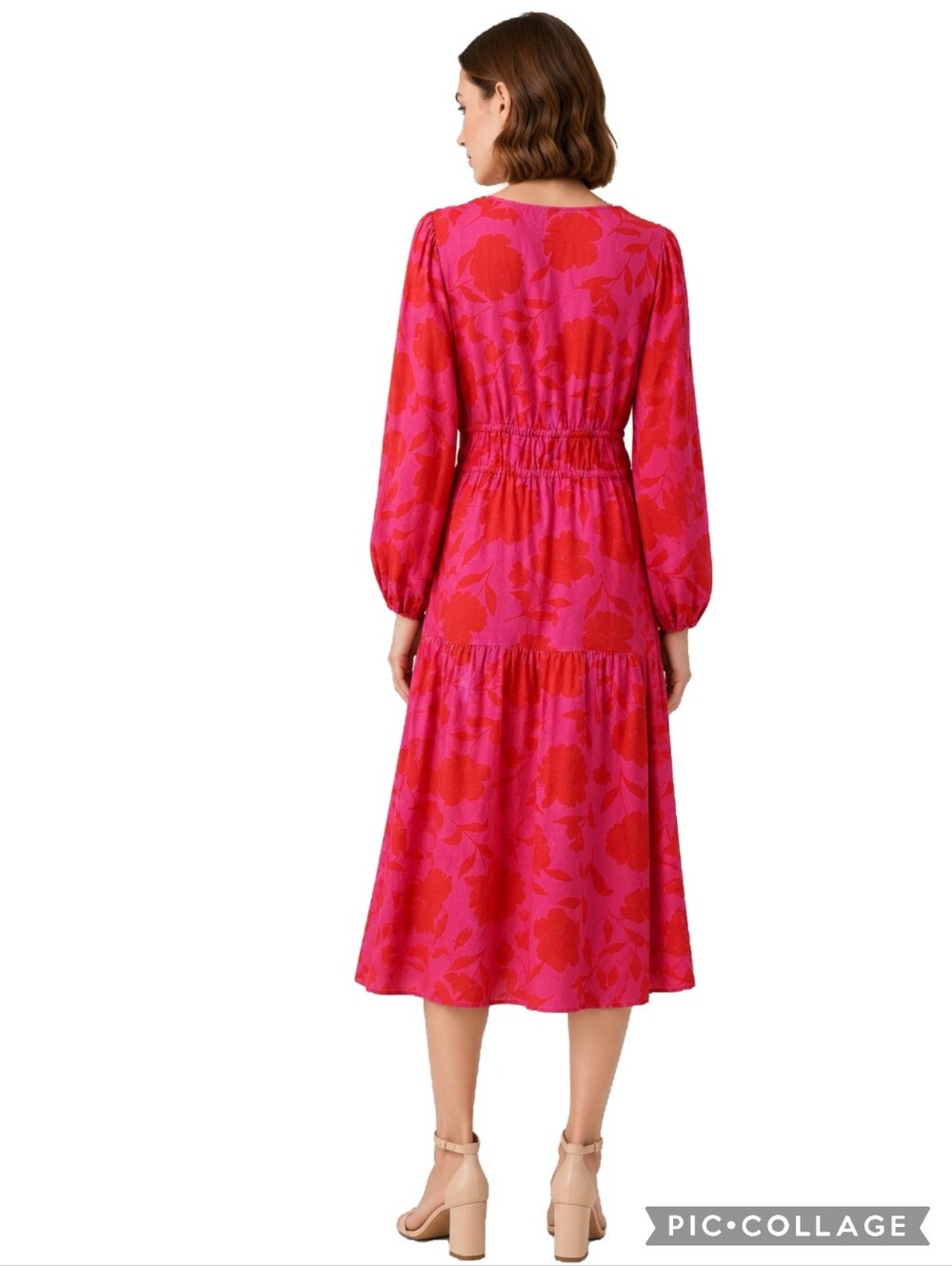 Kate Spade Pink/Red Floral Linen Gathered Dress, Front Ties, Pockets, 3/4 Sleeve - Picture 3 of 14